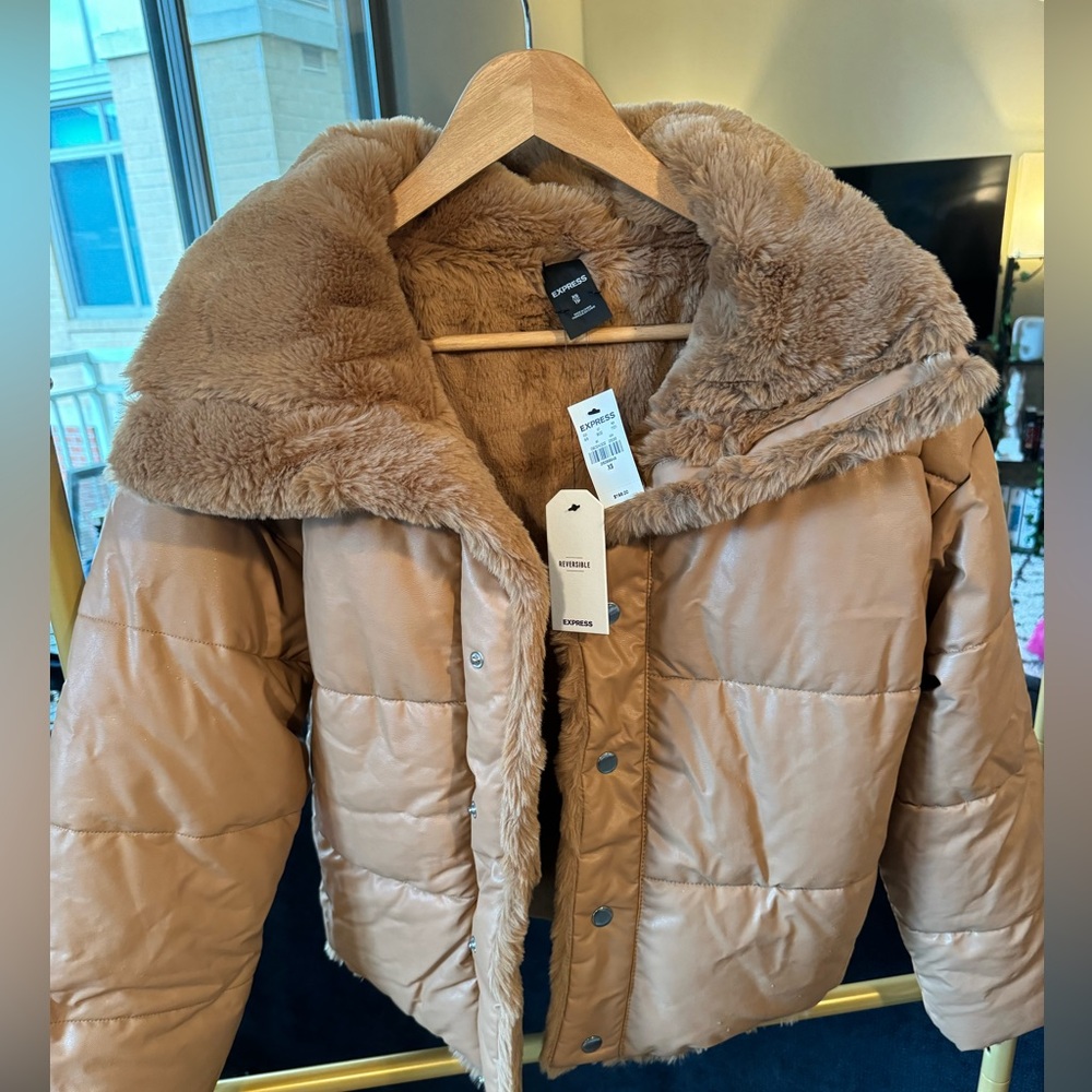 NEW WITH TAGS - REVERSIBLE Express Tan Faux Leather & Faux Fur Bomber Jacket.